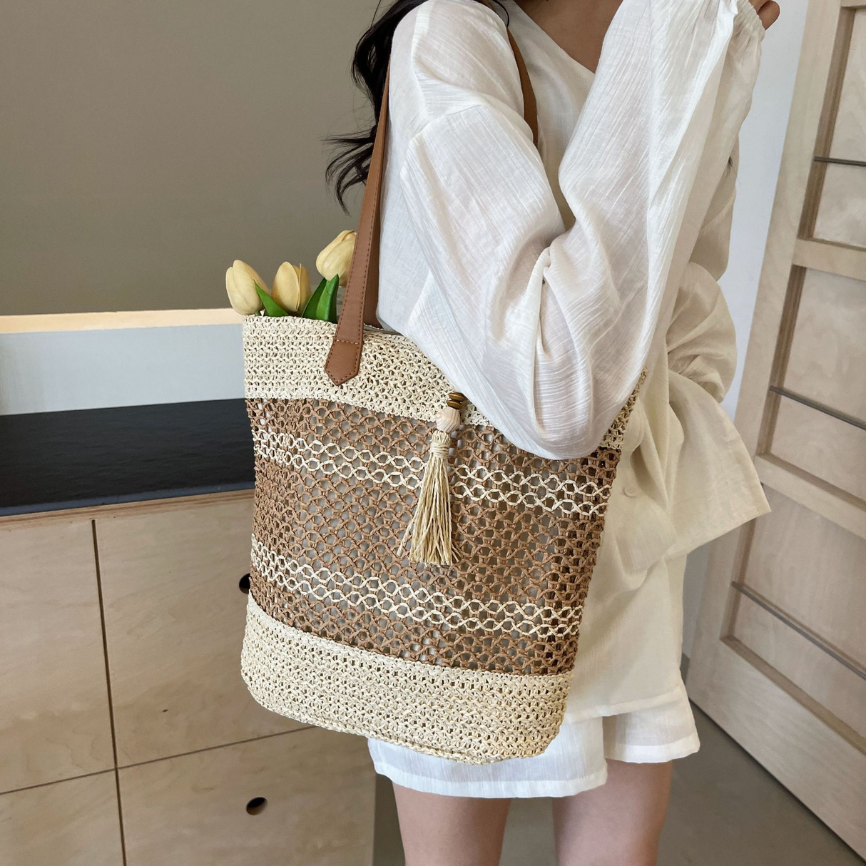Summer striped straw beach tote bag