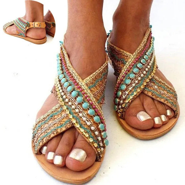 Women Boho Beaded Flat Sandal