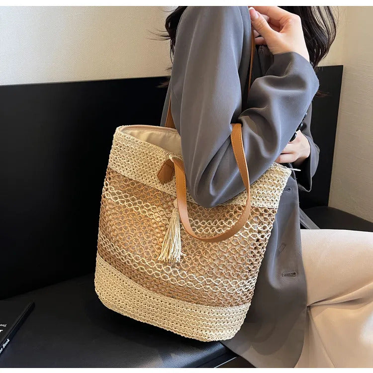 Summer striped straw beach tote bag