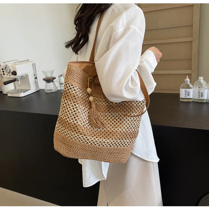 Summer striped straw beach tote bag