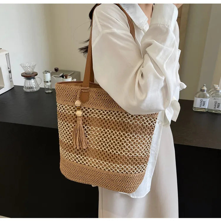Summer striped straw beach tote bag