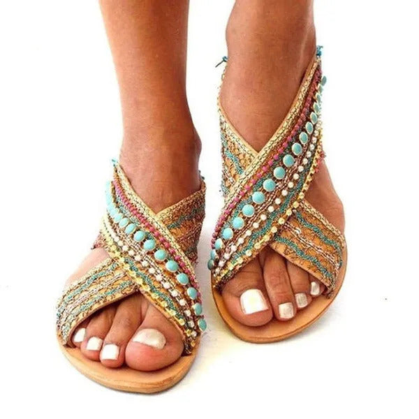 Women Boho Beaded Flat Sandal