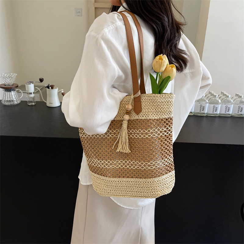 Summer striped straw beach tote bag